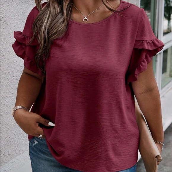 Plus Burgundy Solid Ruffle Petal Short Sleeve Top - Picture 13 of 15